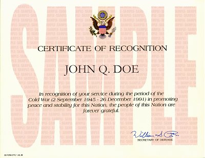 certificate war sample recognition cold pentagon review countryjoe